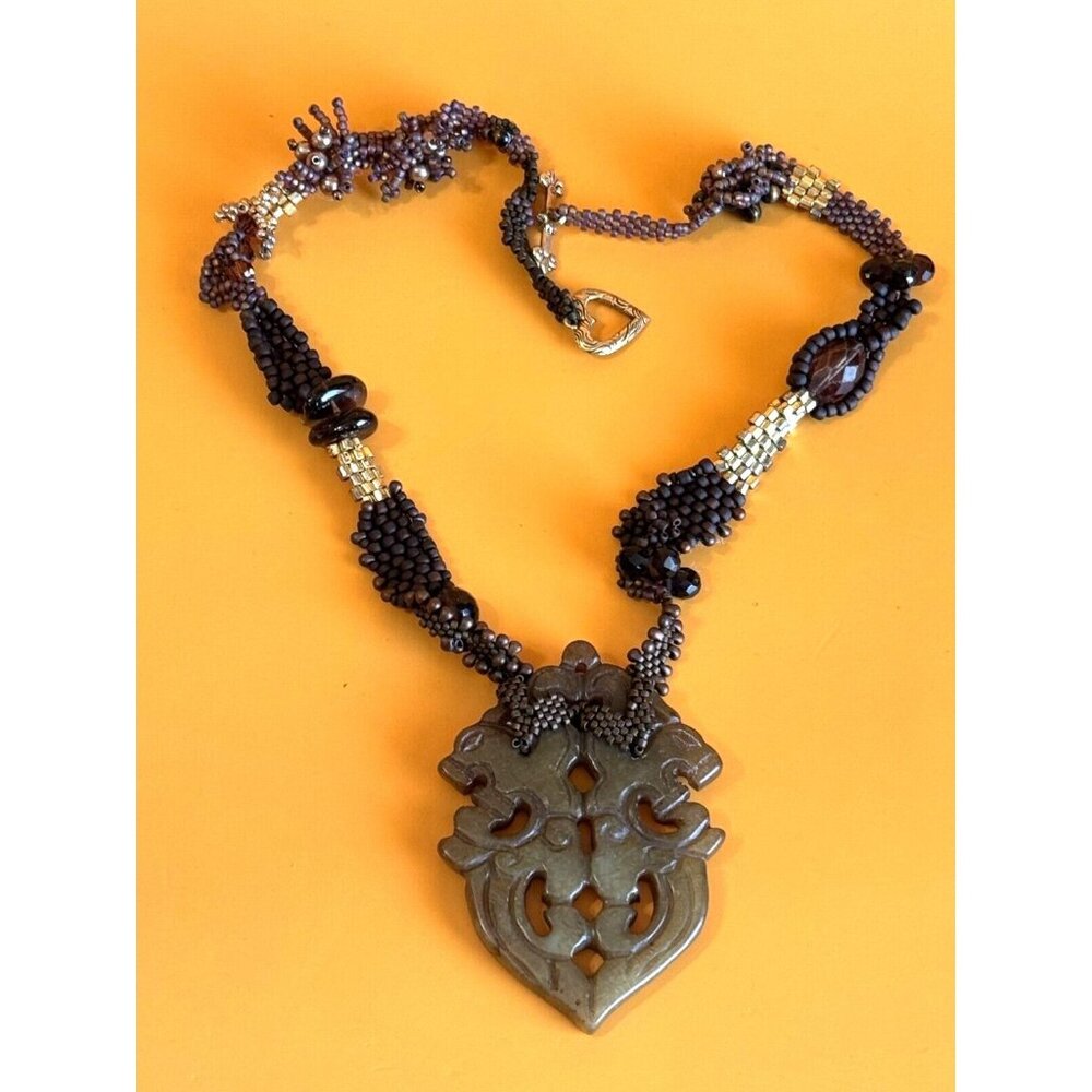 Vintage Asian Agate Quartz Pendant Woven Glass Beaded Goldplated Necklace 17"
